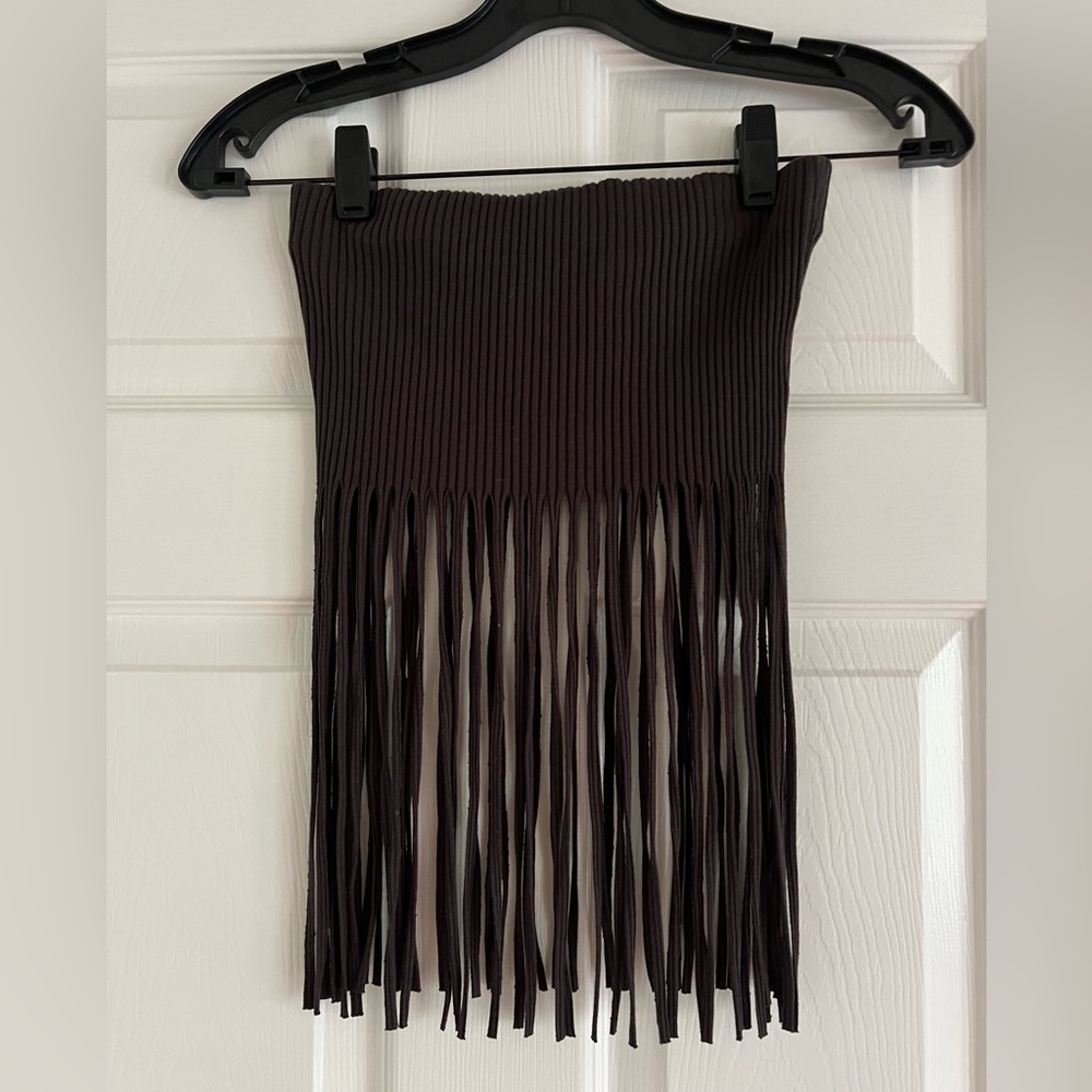 Chocolate Brown Ribbed Fringe Tube Top Size S